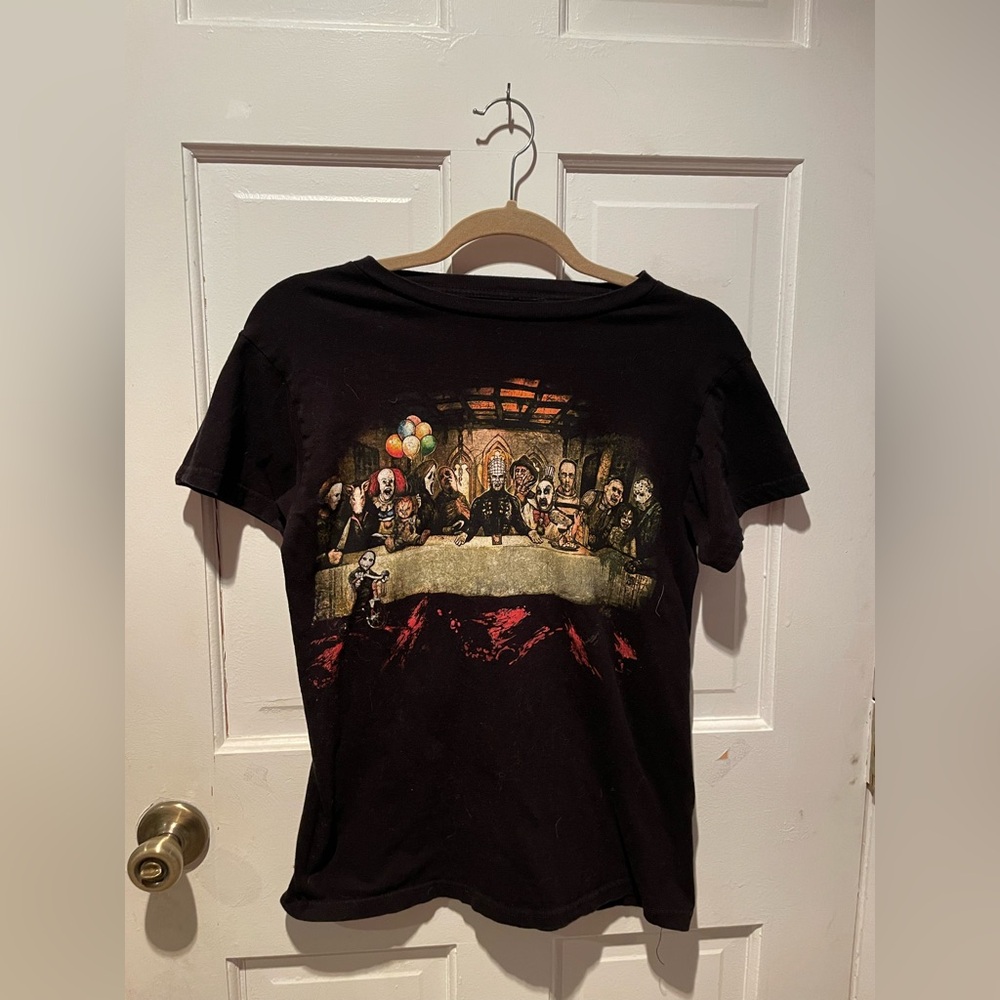 Black tee with horror characters reinacting the last supper